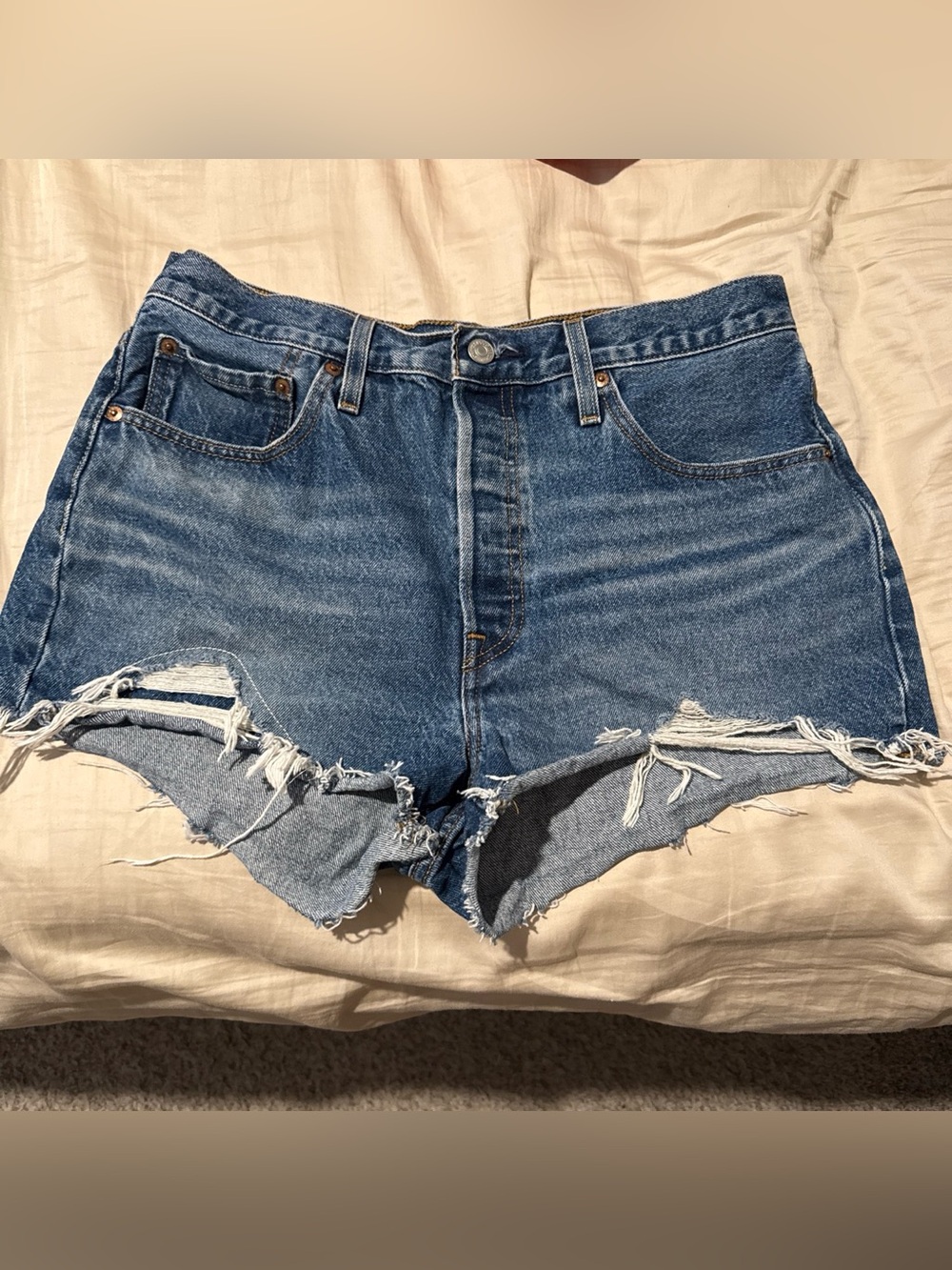 Levi's Blue Distressed High-Rise Denim Shorts